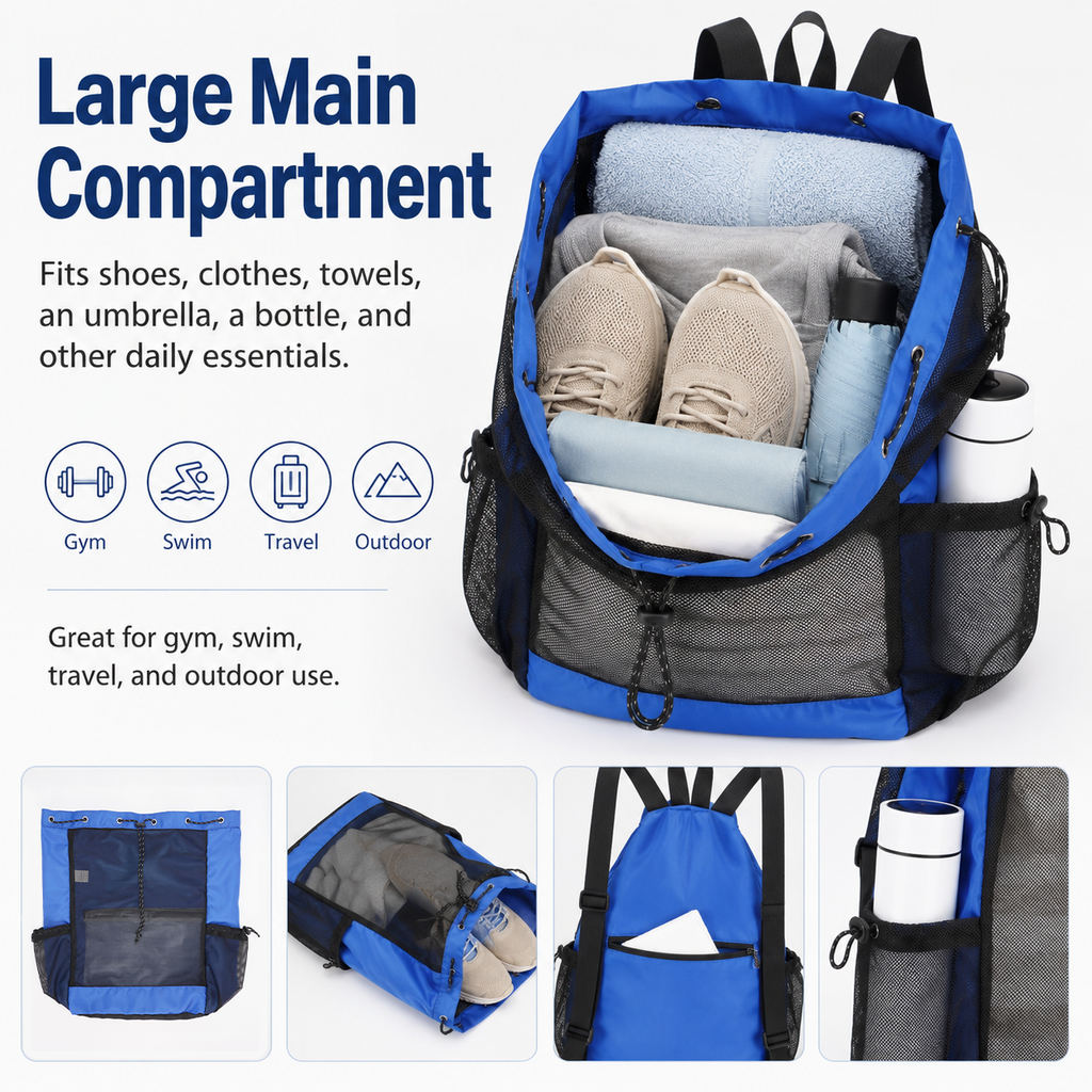 Mesh Drawstring Backpack,Breathable Sports Sack Bag with Multi‑Pockets