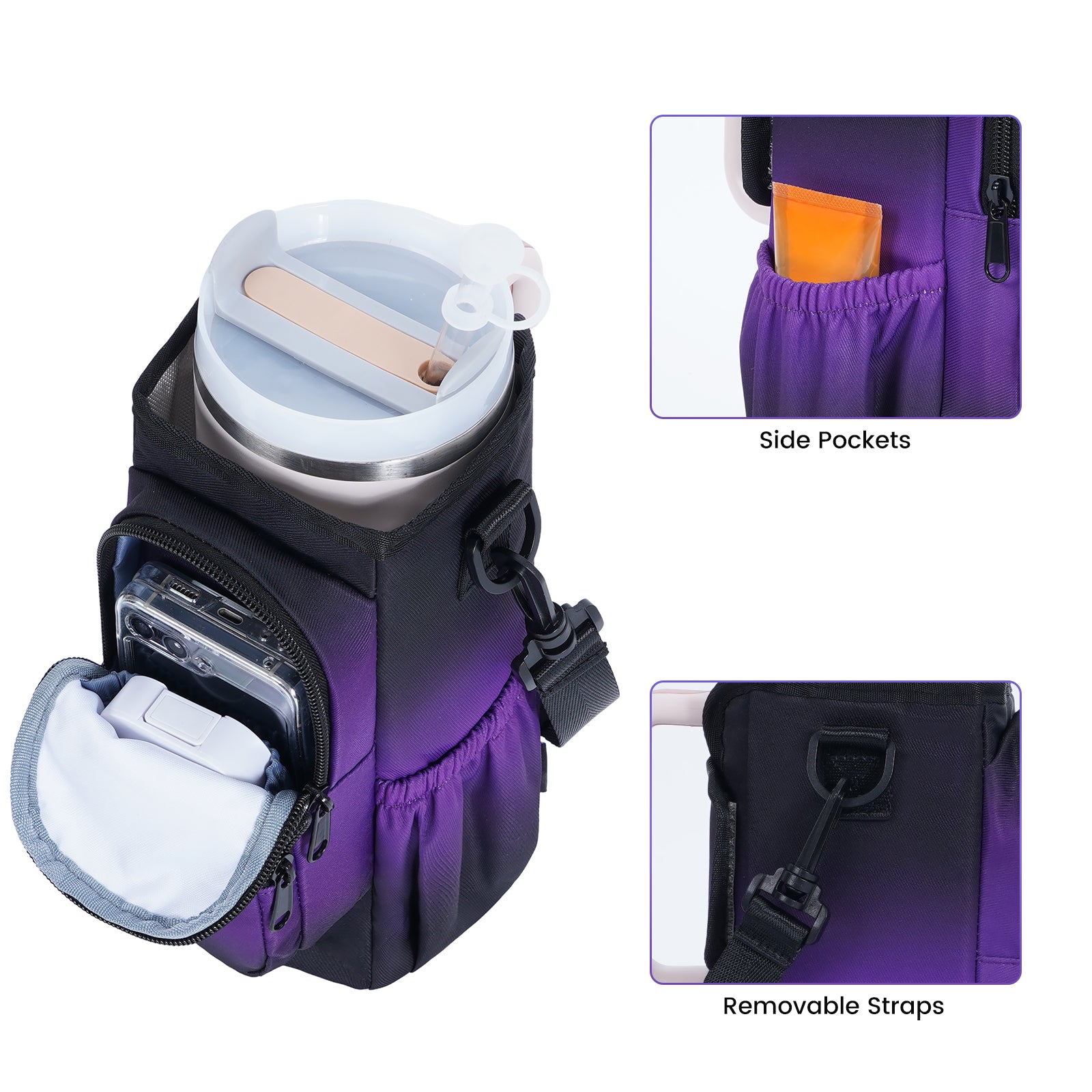 Gradient Insulated Tumbler Carrier with Handle Cutout & Detachable Strap