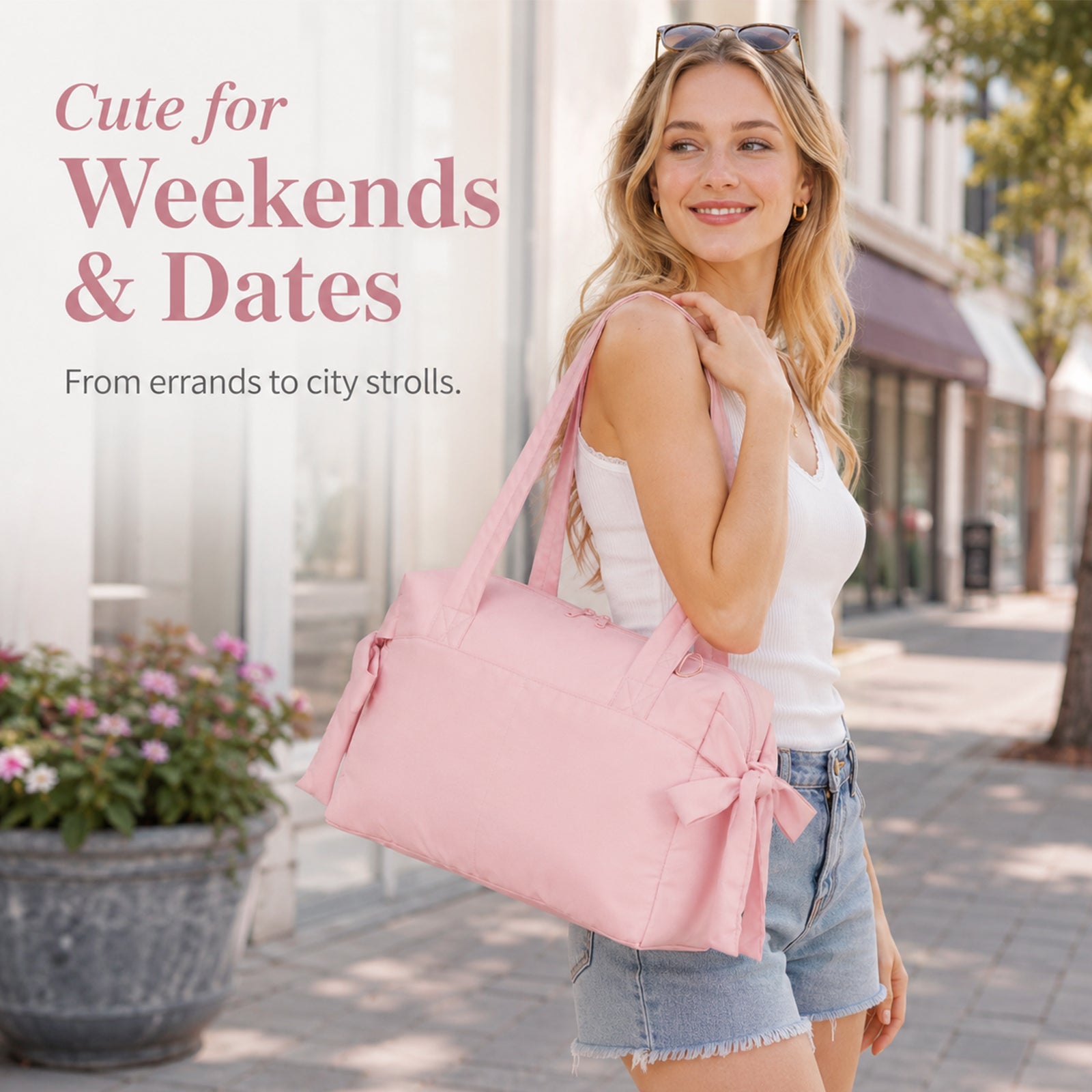 Cute Bow Gym Tote Bag,Women Oxford Multi‑Pocket Shoulder Bag for Yoga & Daily Commute
