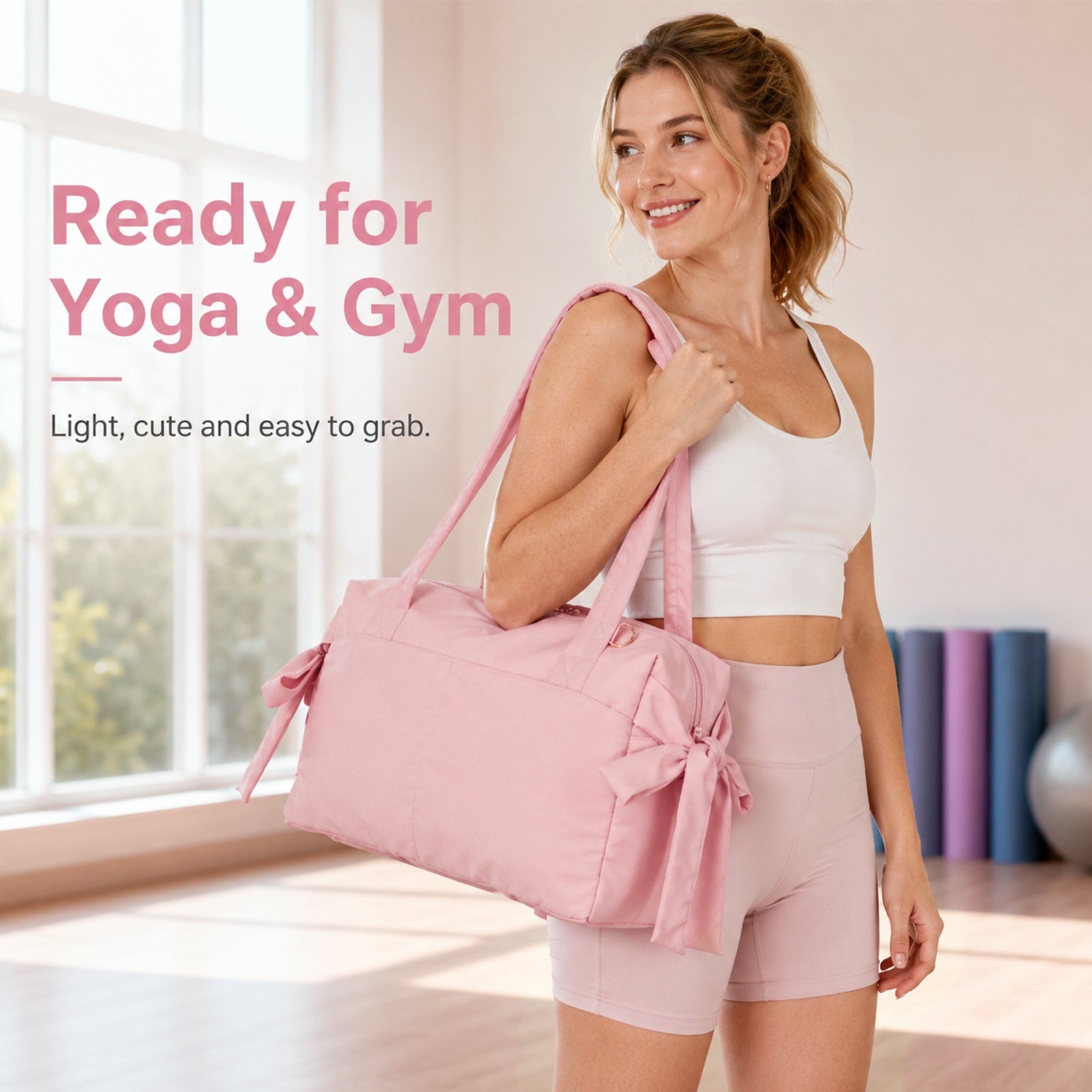 Cute Bow Gym Tote Bag,Women Oxford Multi‑Pocket Shoulder Bag for Yoga & Daily Commute