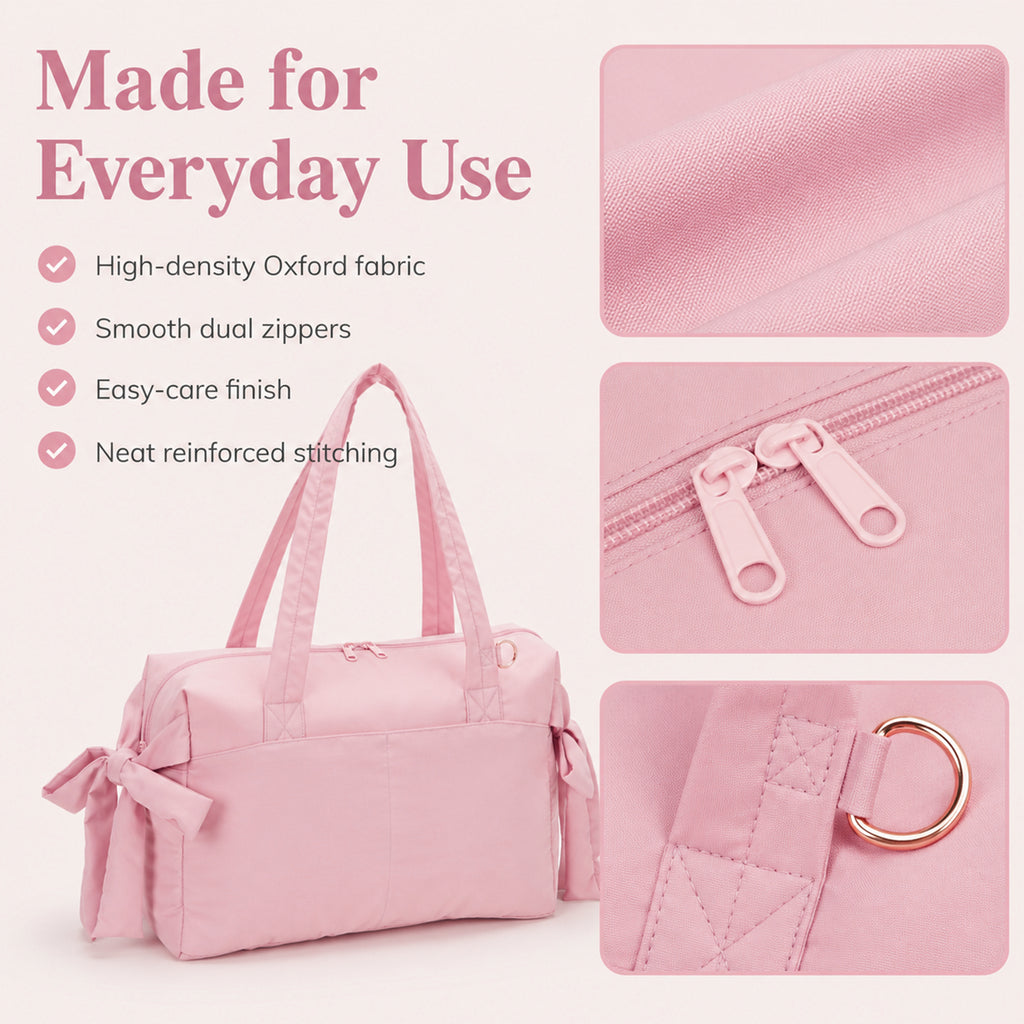 Cute Bow Gym Tote Bag,Women Oxford Multi‑Pocket Shoulder Bag for Yoga & Daily Commute