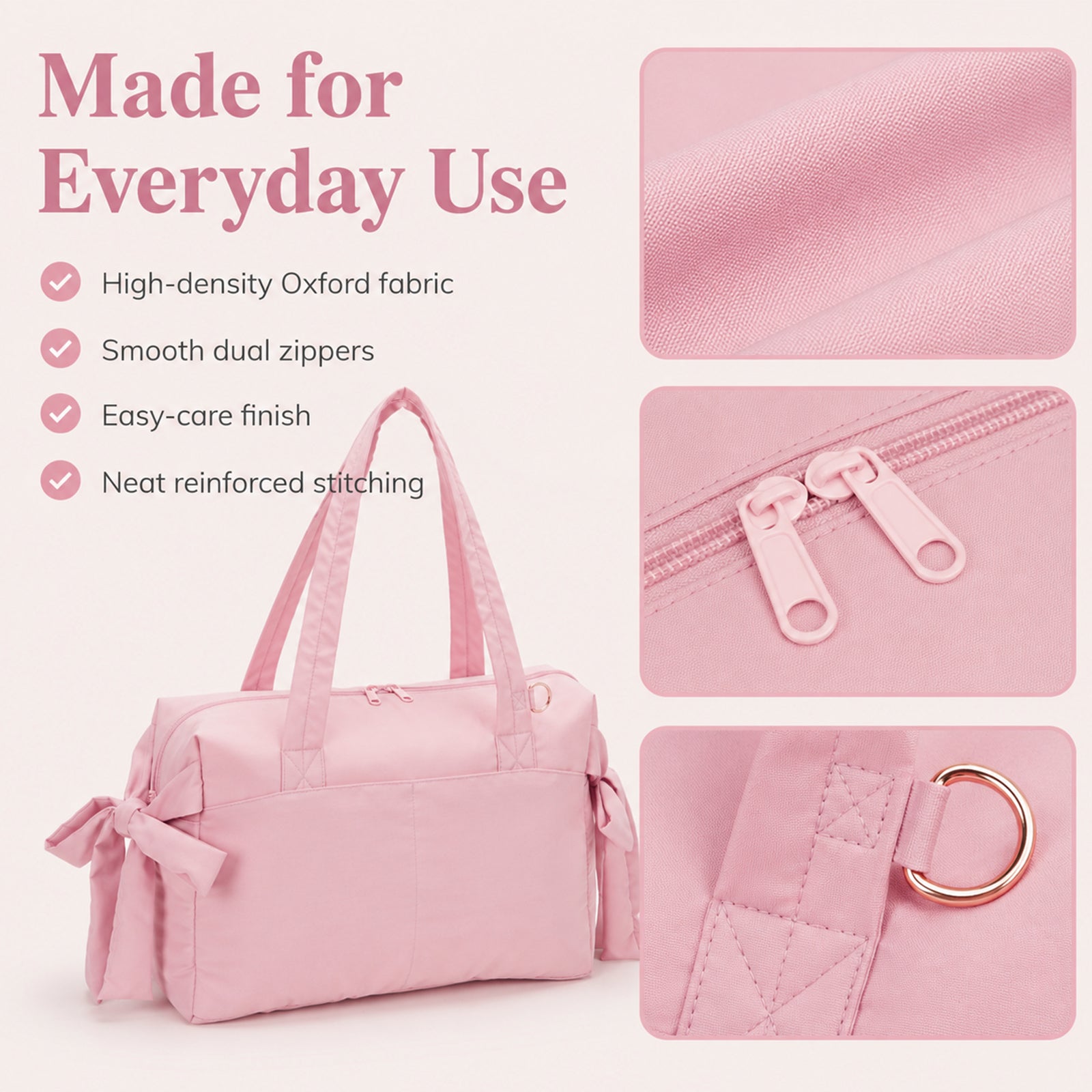 Cute Bow Gym Tote Bag,Women Oxford Multi‑Pocket Shoulder Bag for Yoga & Daily Commute
