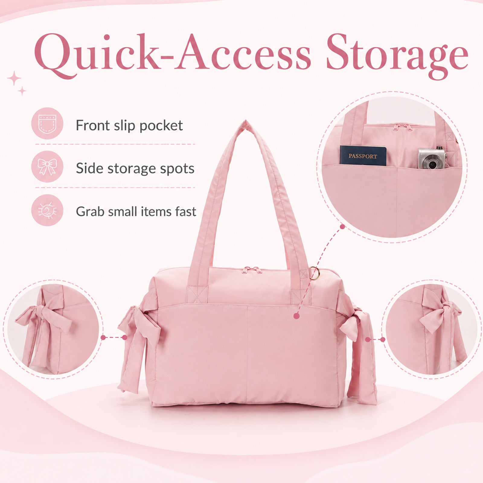 Cute Bow Gym Tote Bag,Women Oxford Multi‑Pocket Shoulder Bag for Yoga & Daily Commute