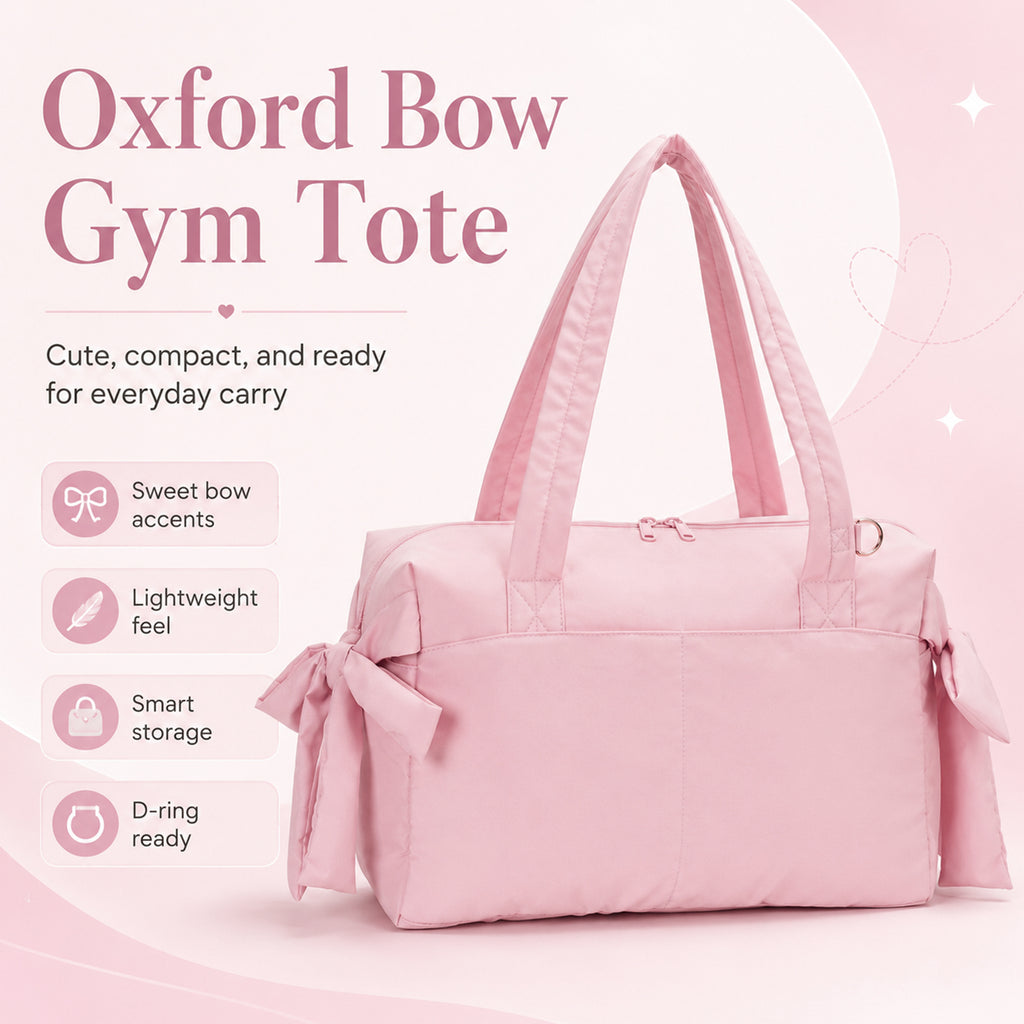Cute Bow Gym Tote Bag,Women Oxford Multi‑Pocket Shoulder Bag for Yoga & Daily Commute