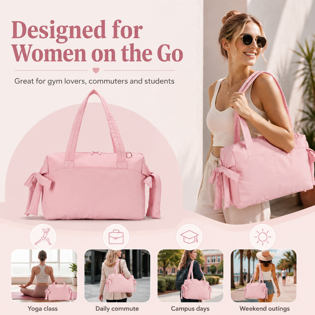 Cute Bow Gym Tote Bag,Women Oxford Multi‑Pocket Shoulder Bag for Yoga & Daily Commute