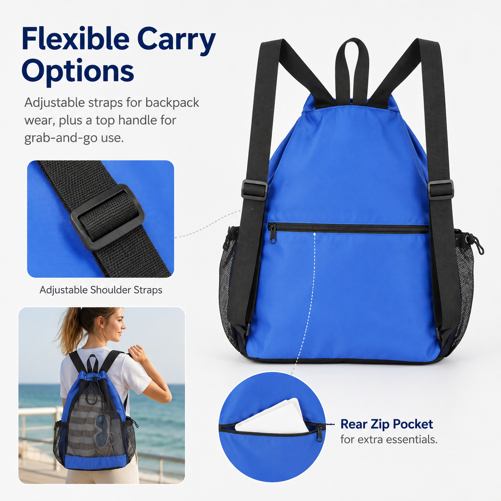 Mesh Drawstring Backpack,Breathable Sports Sack Bag with Multi‑Pockets