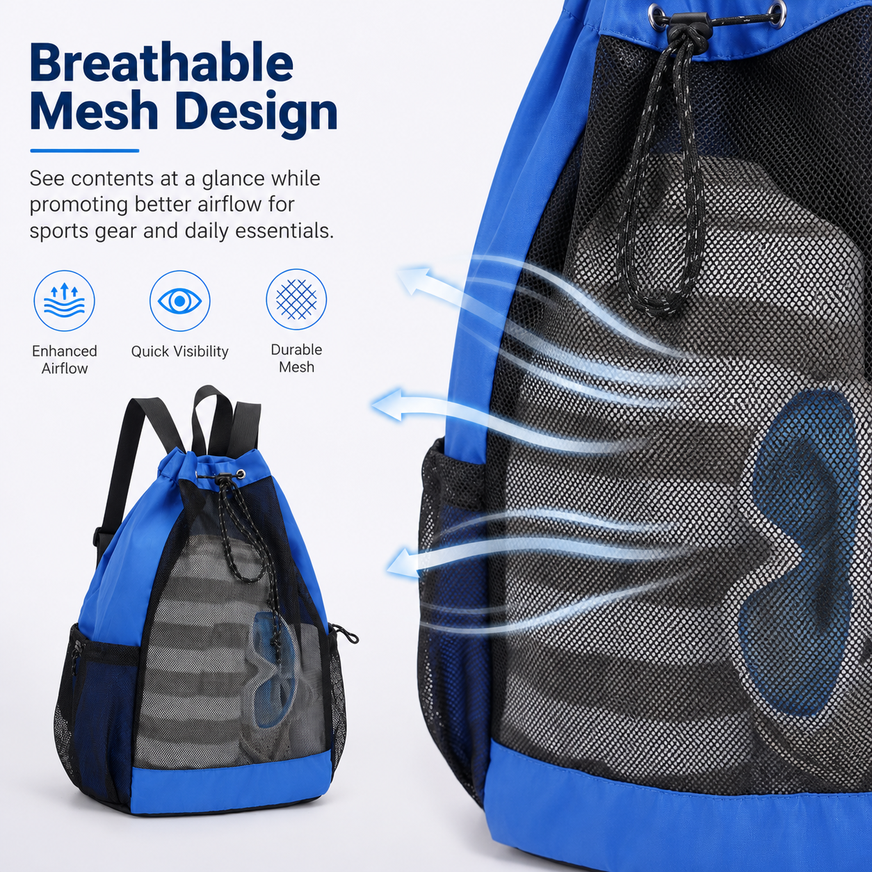 Mesh Drawstring Backpack,Breathable Sports Sack Bag with Multi‑Pockets