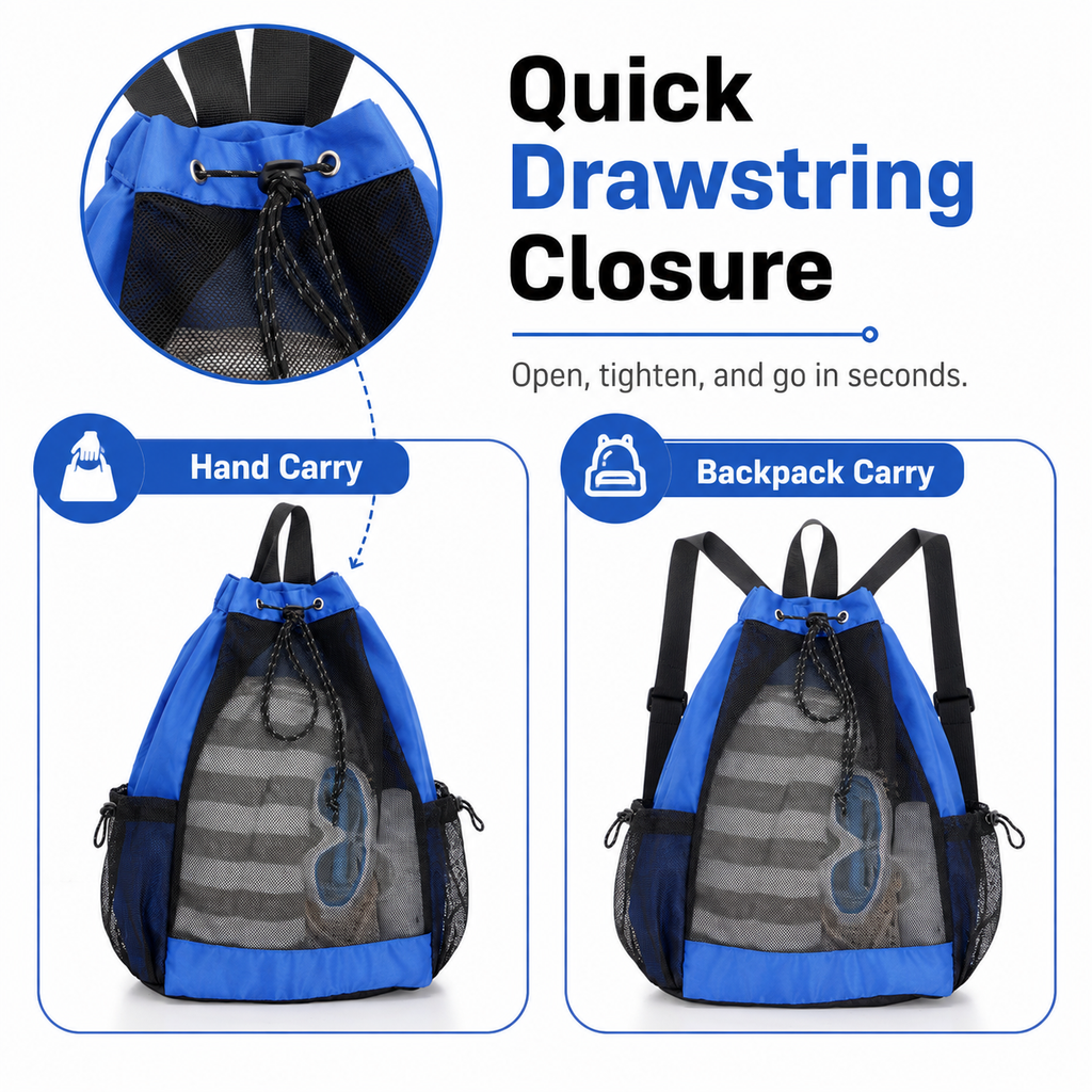 Mesh Drawstring Backpack,Breathable Sports Sack Bag with Multi‑Pockets