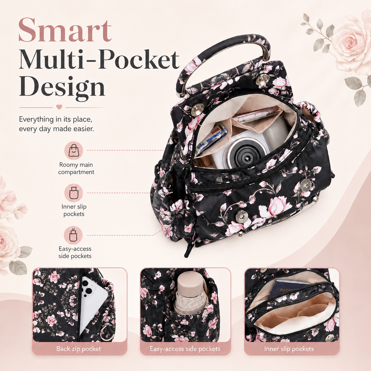 4-in-1 Convertible Floral Backpack Handbag for Women Multi-Wear Crossbody Bag