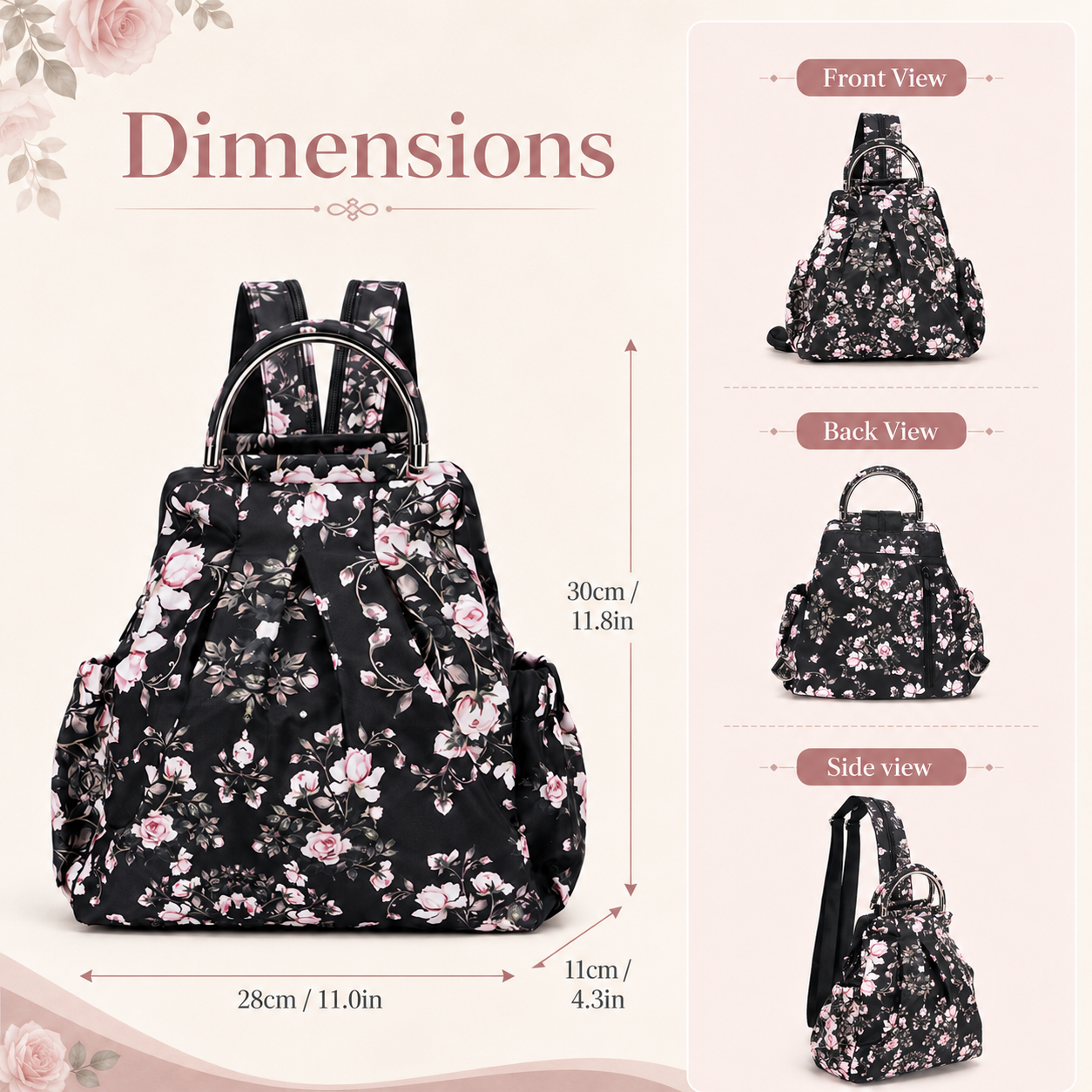 4-in-1 Convertible Floral Backpack Handbag for Women Multi-Wear Crossbody Bag