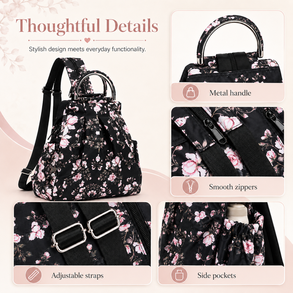 4-in-1 Convertible Floral Backpack Handbag for Women Multi-Wear Crossbody Bag