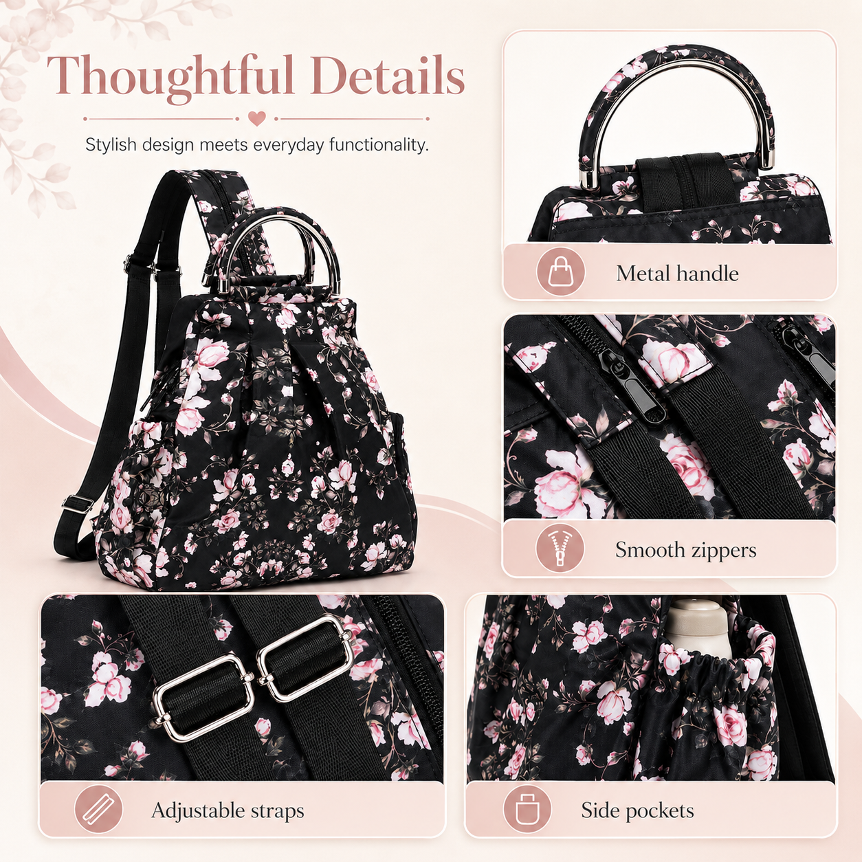 4-in-1 Convertible Floral Backpack Handbag for Women Multi-Wear Crossbody Bag