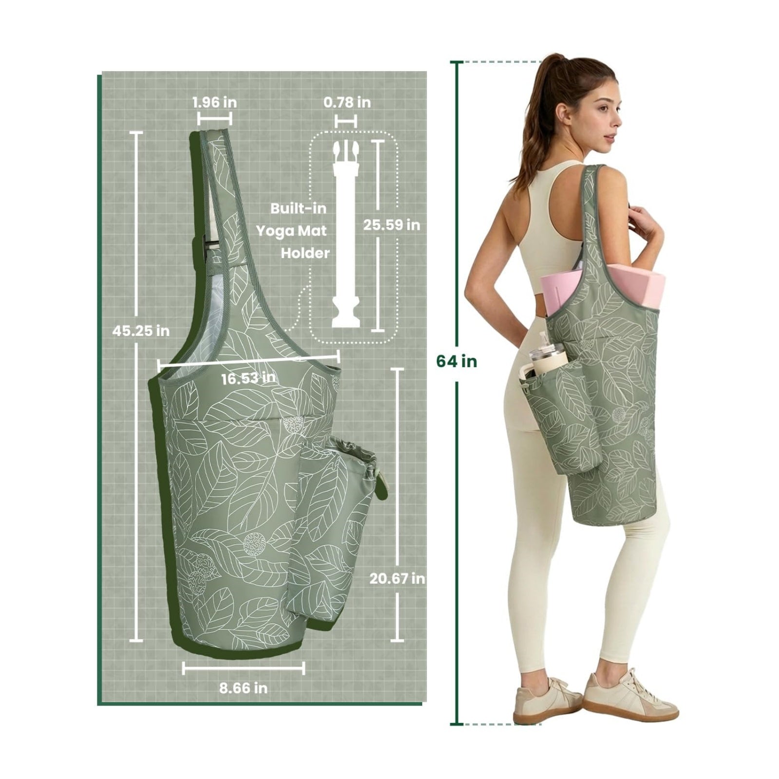 Lightweight Water Resistant Yoga Mat Tote Bag with Adjustable Mat Strap