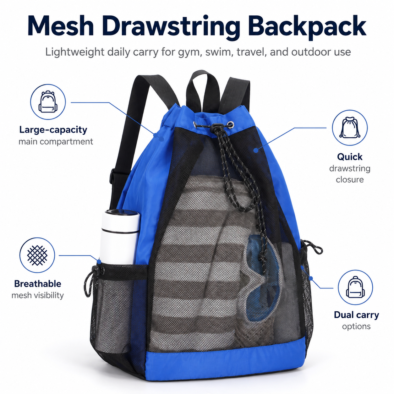 Mesh Drawstring Backpack,Breathable Sports Sack Bag with Multi‑Pockets